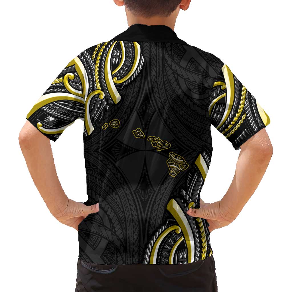 Traditional Art Hawaiian Kakau Tattoos Family Matching Off Shoulder Short Dress and Hawaiian Shirt Yellow Color - Polynesian Pride