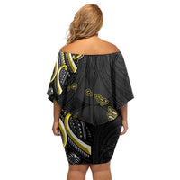 Traditional Art Hawaiian Kakau Tattoos Family Matching Off Shoulder Short Dress and Hawaiian Shirt Yellow Color - Polynesian Pride