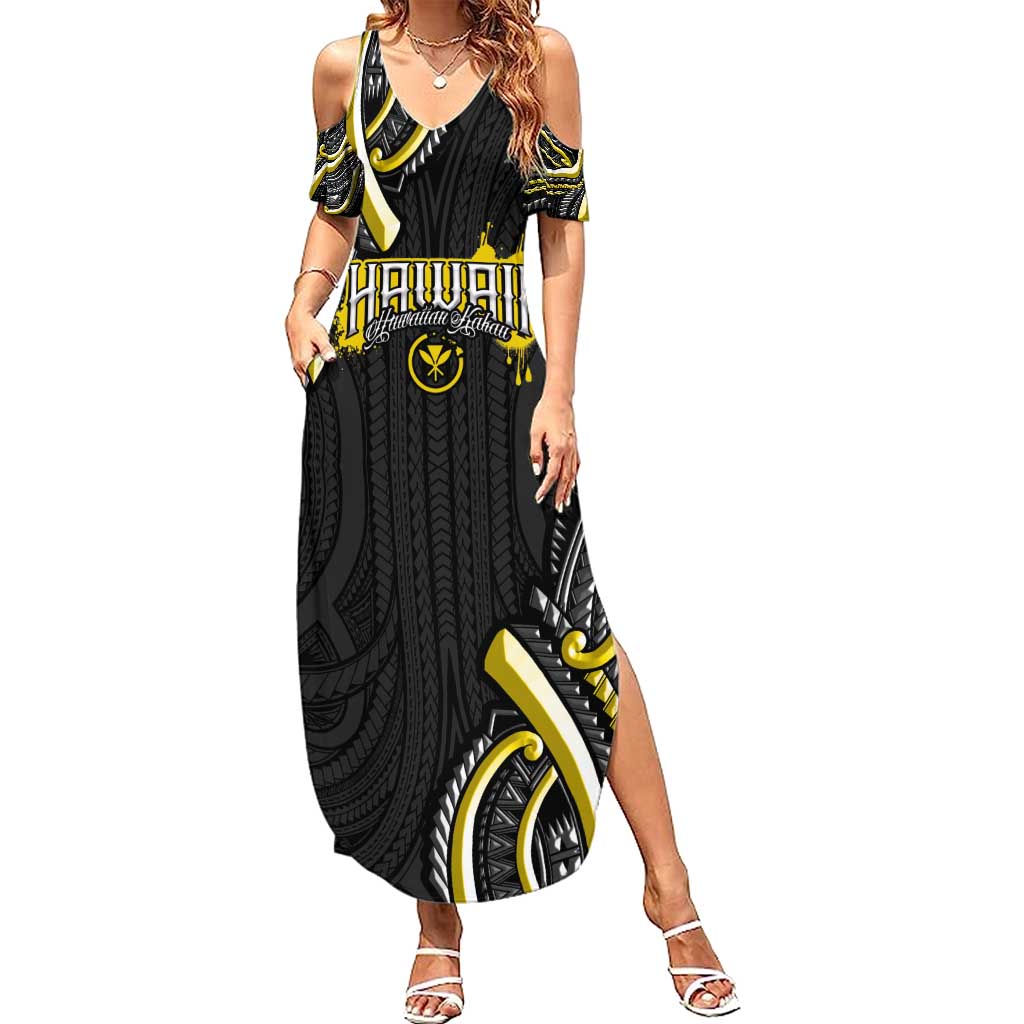 Traditional Art Hawaiian Kakau Tattoos Family Matching Summer Maxi Dress and Hawaiian Shirt Yellow Color - Polynesian Pride