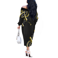 Traditional Art Hawaiian Kakau Tattoos Off The Shoulder Long Sleeve Dress Yellow Color - Polynesian Pride