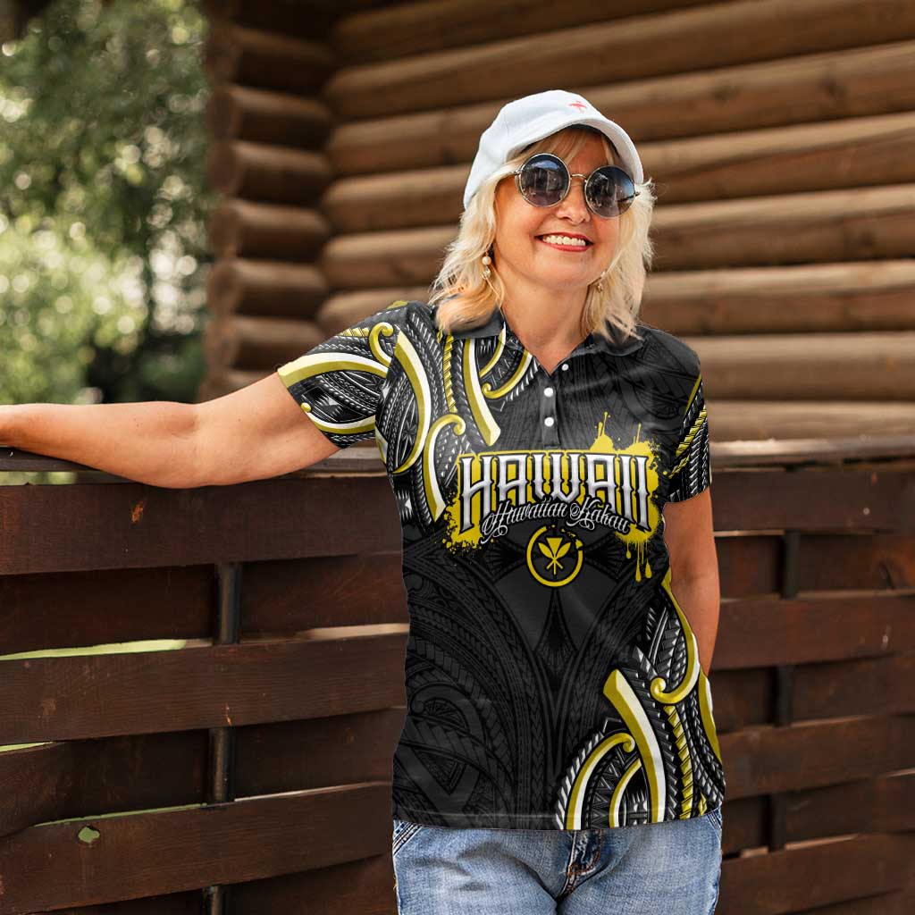 Traditional Art Hawaiian Kakau Tattoos Women Polo Shirt Yellow Color - Polynesian Pride