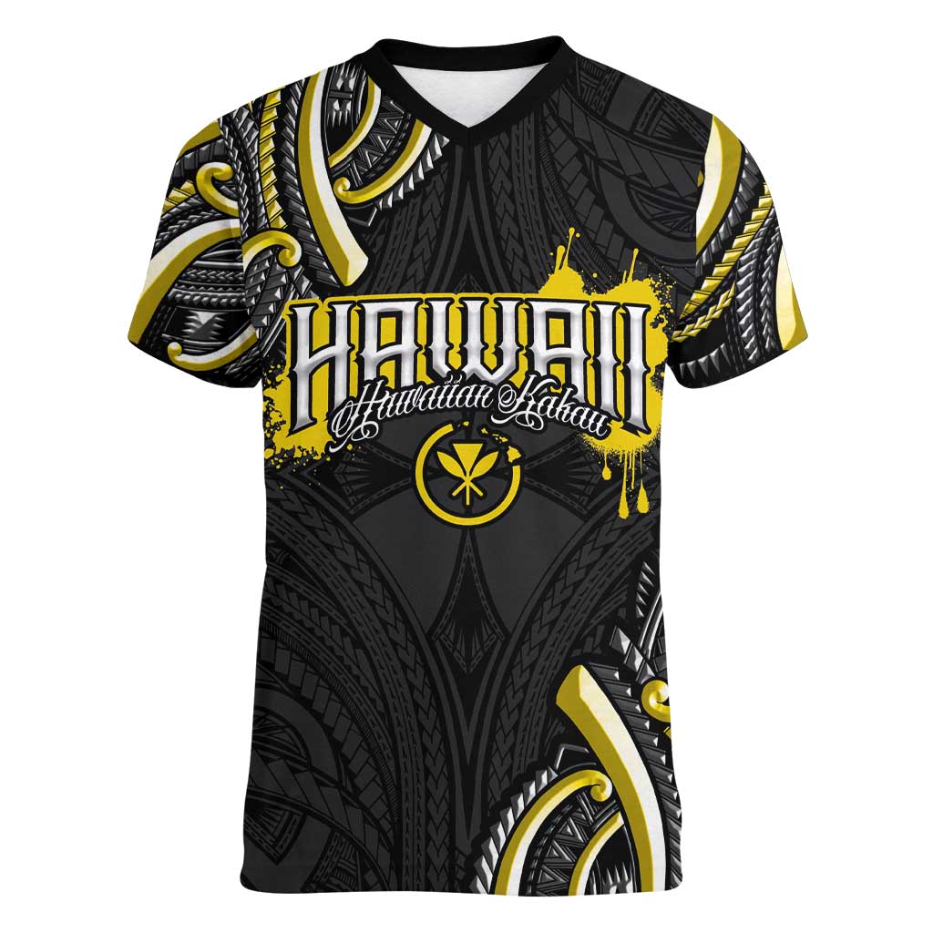 Traditional Art Hawaiian Kakau Tattoos Women V-Neck T-Shirt Yellow Color - Polynesian Pride