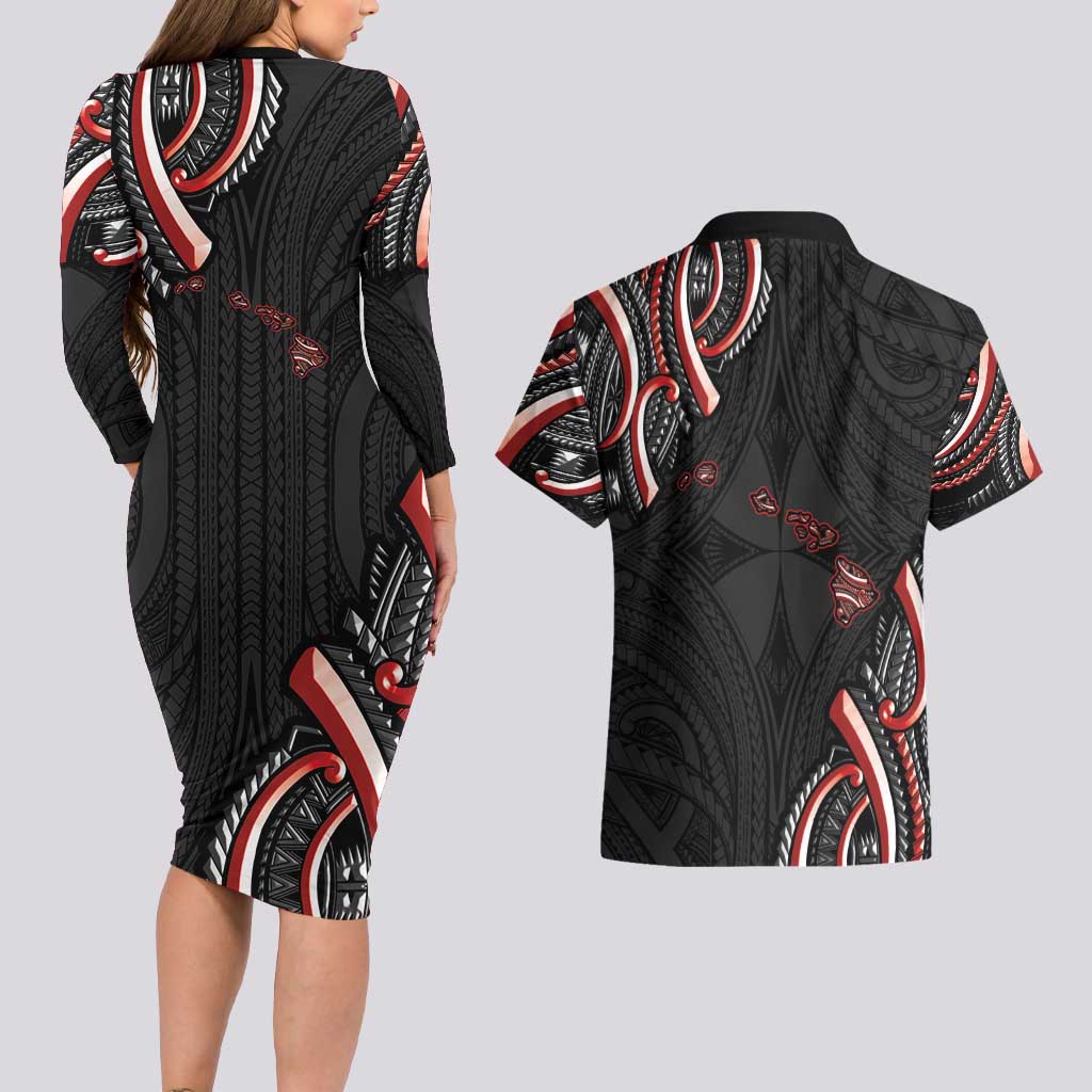 Traditional Art Hawaiian Kakau Tattoos Couples Matching Long Sleeve Bodycon Dress and Hawaiian Shirt Red Color - Polynesian Pride