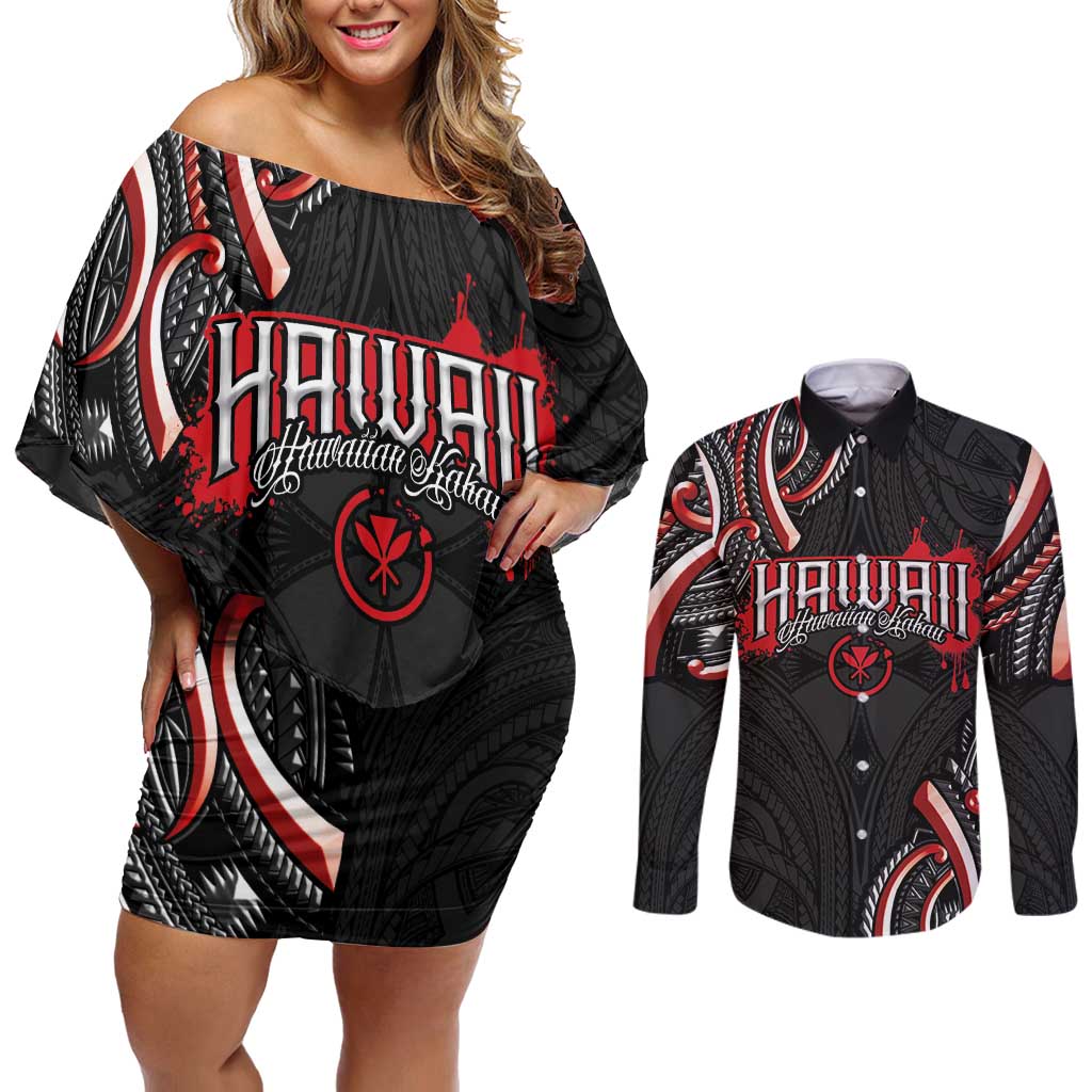 Traditional Art Hawaiian Kakau Tattoos Couples Matching Off Shoulder Short Dress and Long Sleeve Button Shirt Red Color LT03 Red - Polynesian Pride