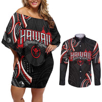 Traditional Art Hawaiian Kakau Tattoos Couples Matching Off Shoulder Short Dress and Long Sleeve Button Shirt Red Color LT03 Red - Polynesian Pride