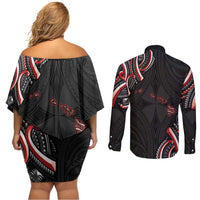 Traditional Art Hawaiian Kakau Tattoos Couples Matching Off Shoulder Short Dress and Long Sleeve Button Shirt Red Color LT03 - Polynesian Pride