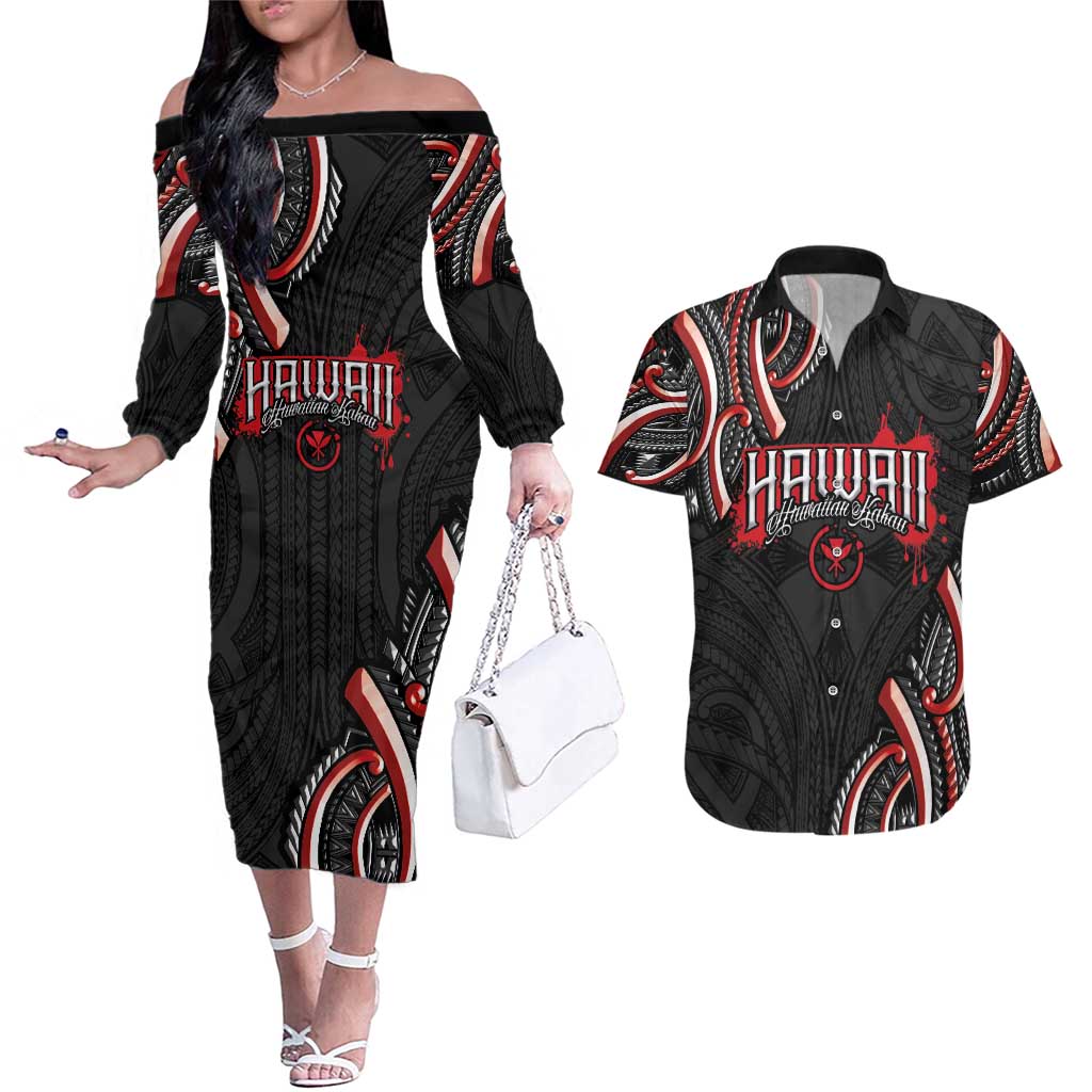 Traditional Art Hawaiian Kakau Tattoos Couples Matching Off The Shoulder Long Sleeve Dress and Hawaiian Shirt Red Color - Polynesian Pride
