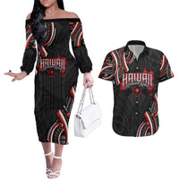 Traditional Art Hawaiian Kakau Tattoos Couples Matching Off The Shoulder Long Sleeve Dress and Hawaiian Shirt Red Color - Polynesian Pride