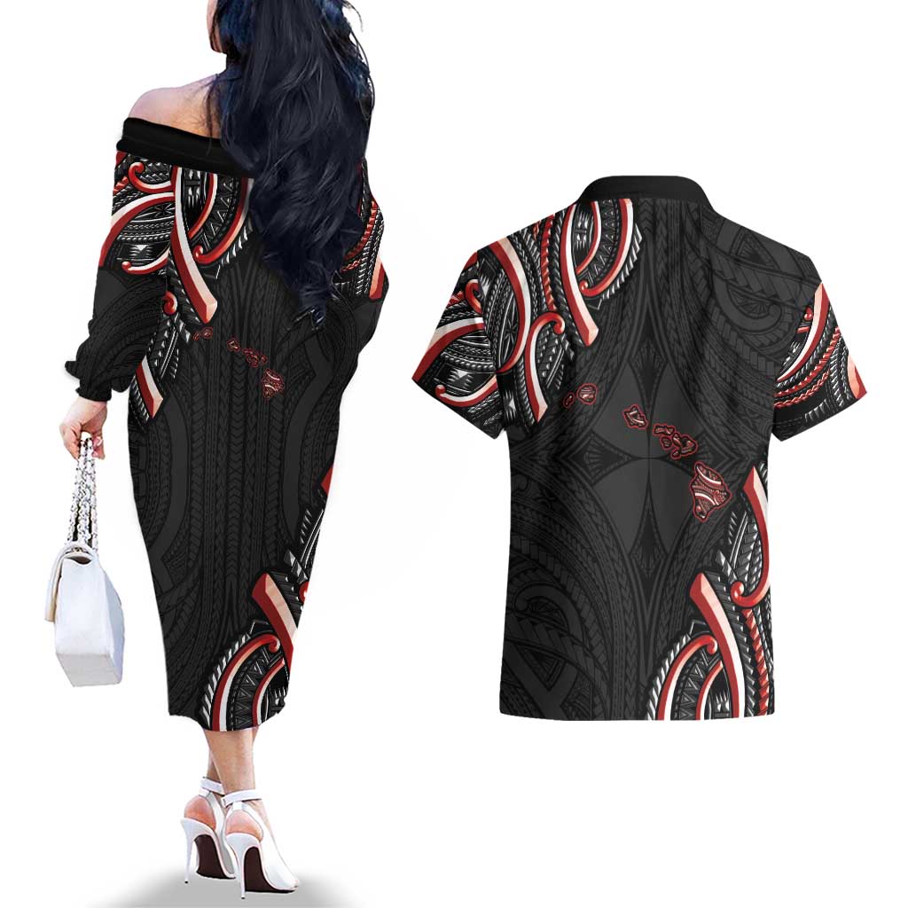 Traditional Art Hawaiian Kakau Tattoos Couples Matching Off The Shoulder Long Sleeve Dress and Hawaiian Shirt Red Color - Polynesian Pride