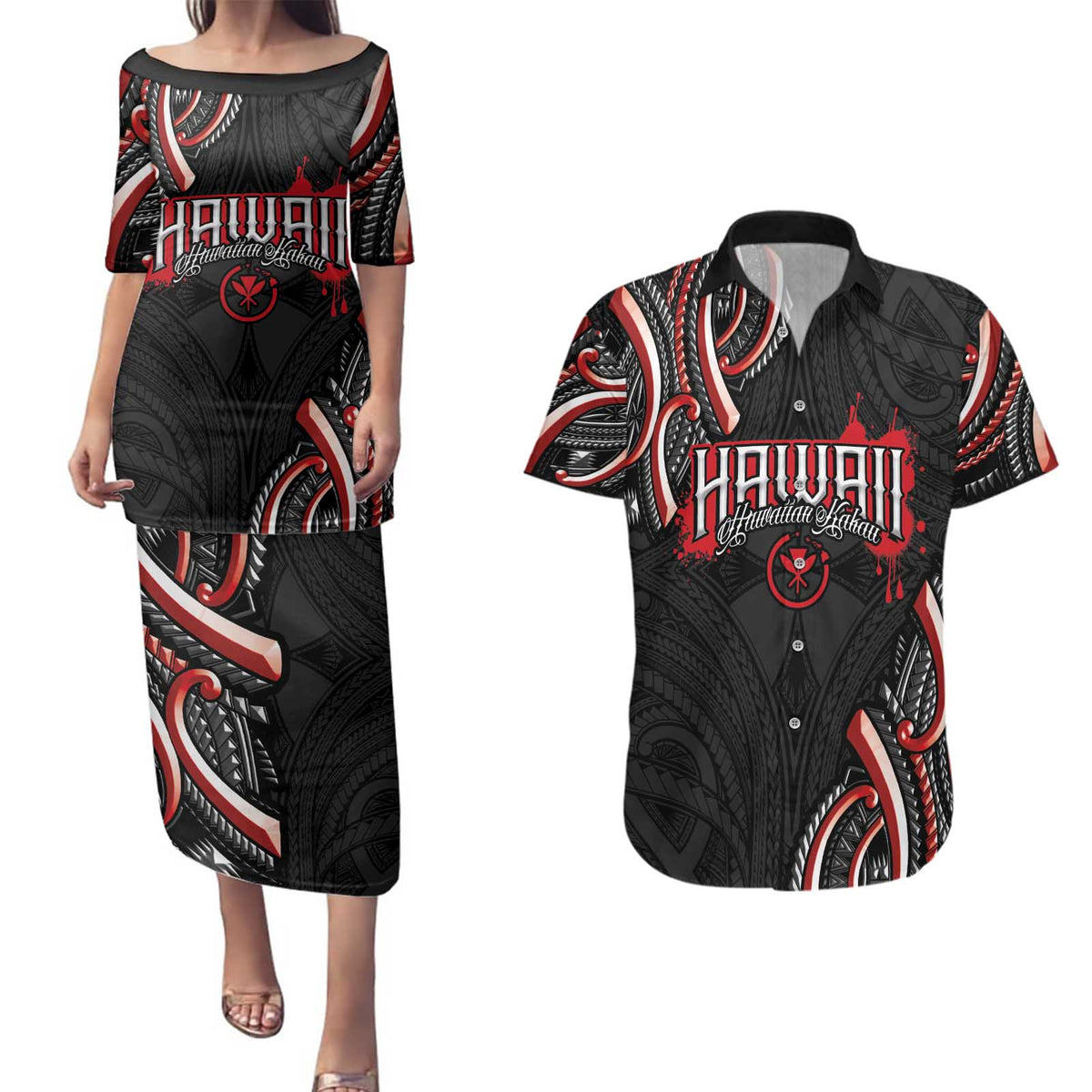 Traditional Art Hawaiian Kakau Tattoos Couples Matching Puletasi and Hawaiian Shirt Red Color - Polynesian Pride