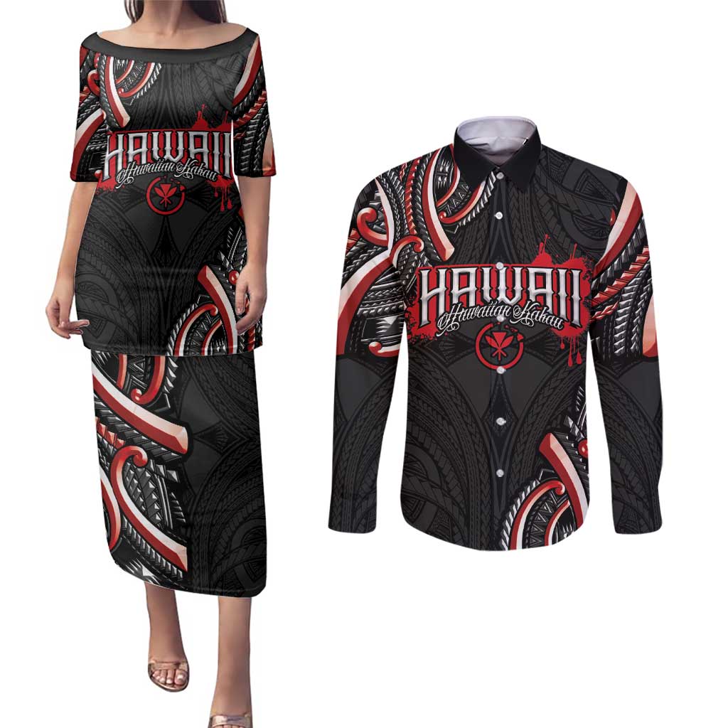 Traditional Art Hawaiian Kakau Tattoos Couples Matching Puletasi and Long Sleeve Button Shirt Red Color LT03 Red - Polynesian Pride