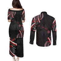 Traditional Art Hawaiian Kakau Tattoos Couples Matching Puletasi and Long Sleeve Button Shirt Red Color LT03 - Polynesian Pride