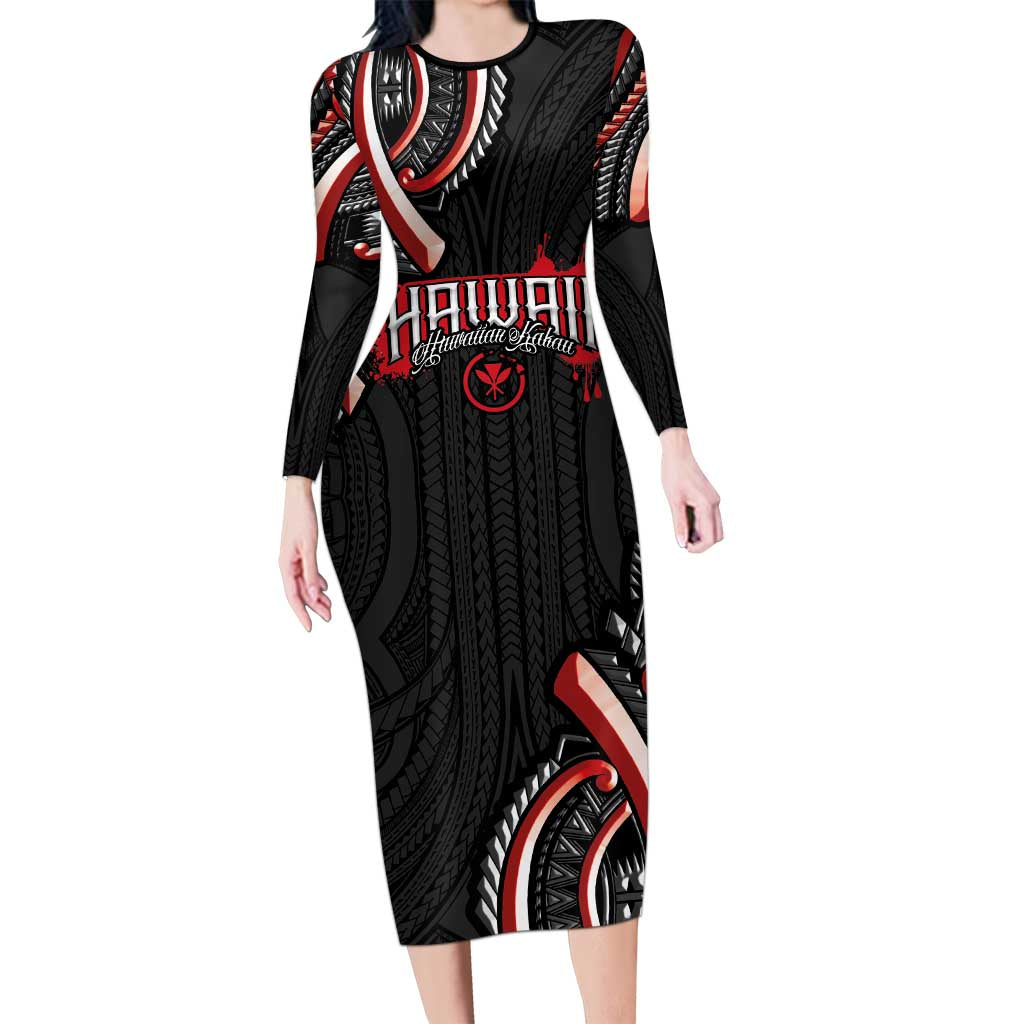 Traditional Art Hawaiian Kakau Tattoos Family Matching Long Sleeve Bodycon Dress and Hawaiian Shirt Red Color - Polynesian Pride