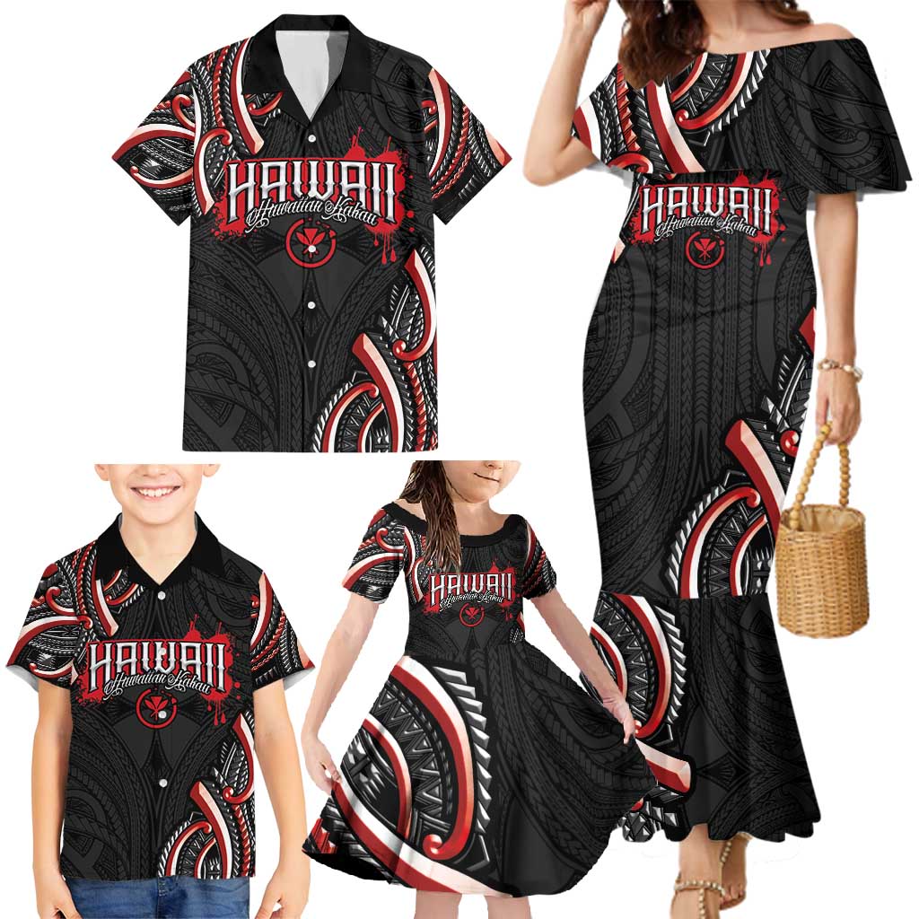 Traditional Art Hawaiian Kakau Tattoos Family Matching Mermaid Dress and Hawaiian Shirt Red Color - Polynesian Pride