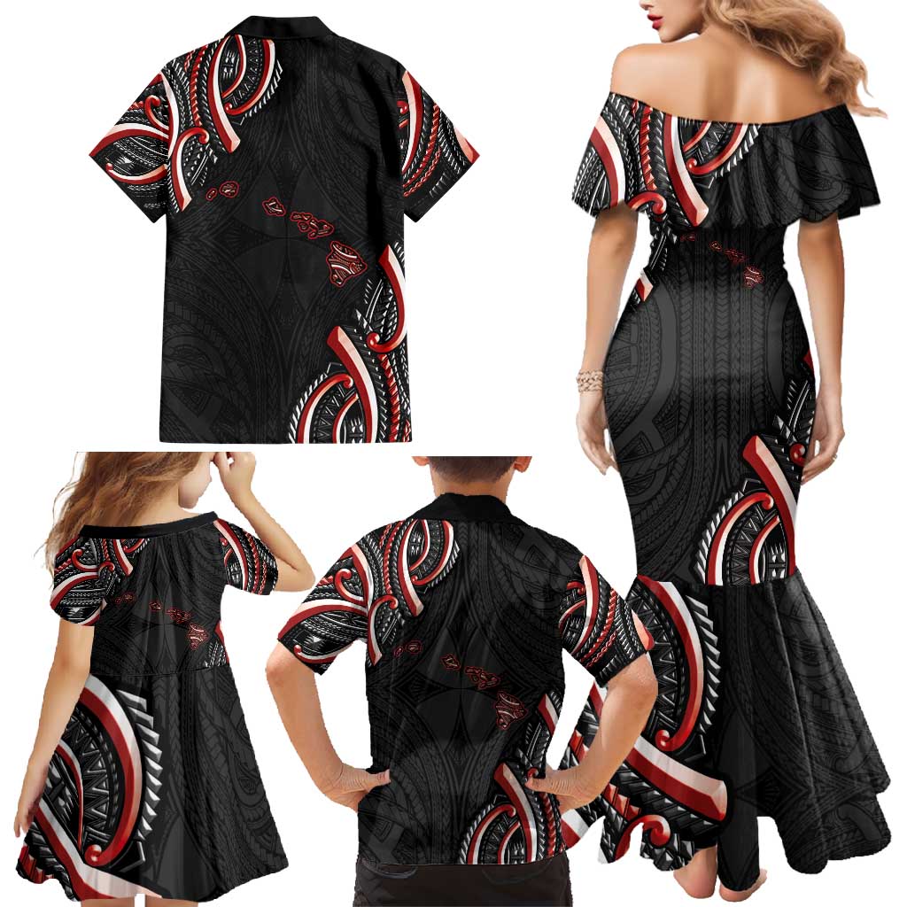 Traditional Art Hawaiian Kakau Tattoos Family Matching Mermaid Dress and Hawaiian Shirt Red Color - Polynesian Pride