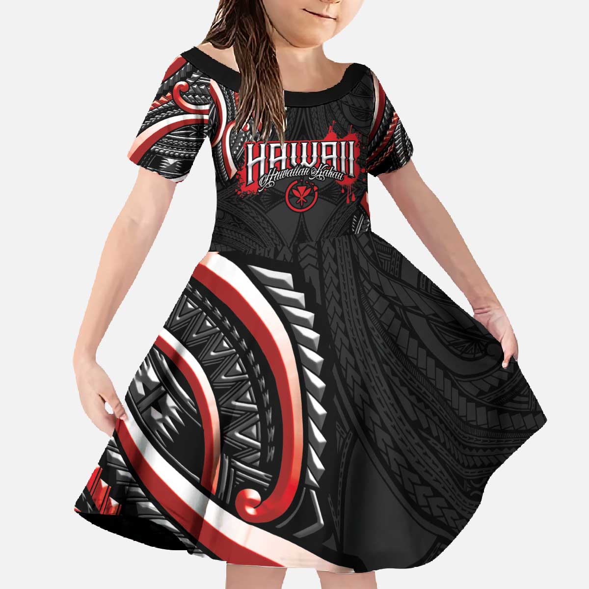 Traditional Art Hawaiian Kakau Tattoos Family Matching Off The Shoulder Long Sleeve Dress and Hawaiian Shirt Red Color - Polynesian Pride
