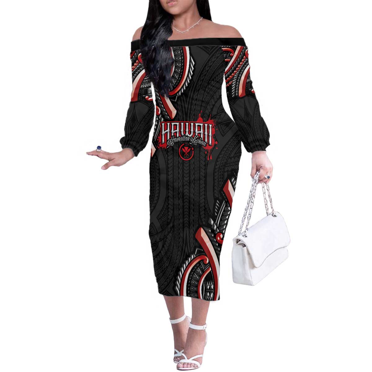 Traditional Art Hawaiian Kakau Tattoos Family Matching Off The Shoulder Long Sleeve Dress and Hawaiian Shirt Red Color - Polynesian Pride