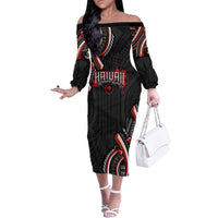 Traditional Art Hawaiian Kakau Tattoos Family Matching Off The Shoulder Long Sleeve Dress and Hawaiian Shirt Red Color - Polynesian Pride