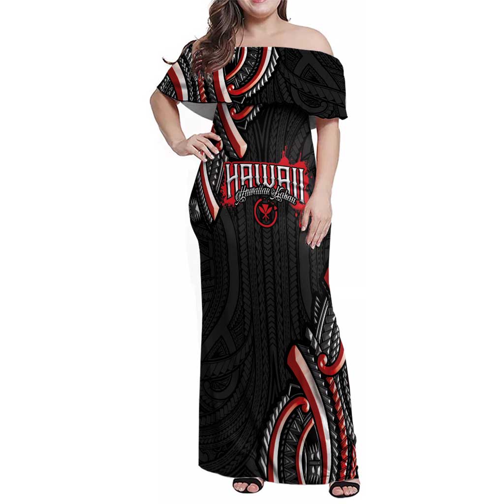 Traditional Art Hawaiian Kakau Tattoos Family Matching Off Shoulder Maxi Dress and Hawaiian Shirt Red Color - Polynesian Pride