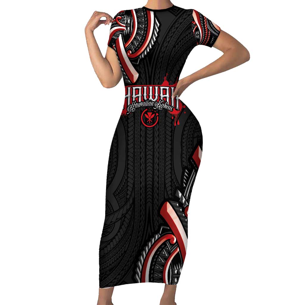 Traditional Art Hawaiian Kakau Tattoos Family Matching Short Sleeve Bodycon Dress and Hawaiian Shirt Red Color - Polynesian Pride
