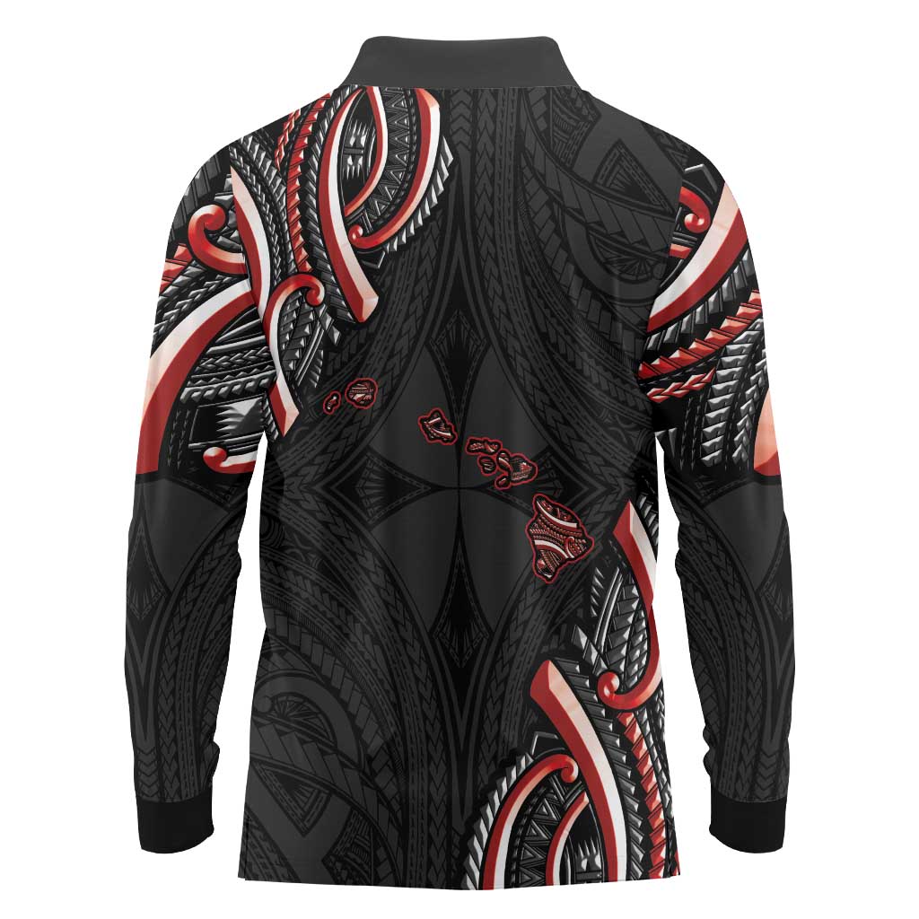 Traditional Art Hawaiian Kakau Tattoos Long Sleeve Polo Shirt Red Color - Polynesian Pride