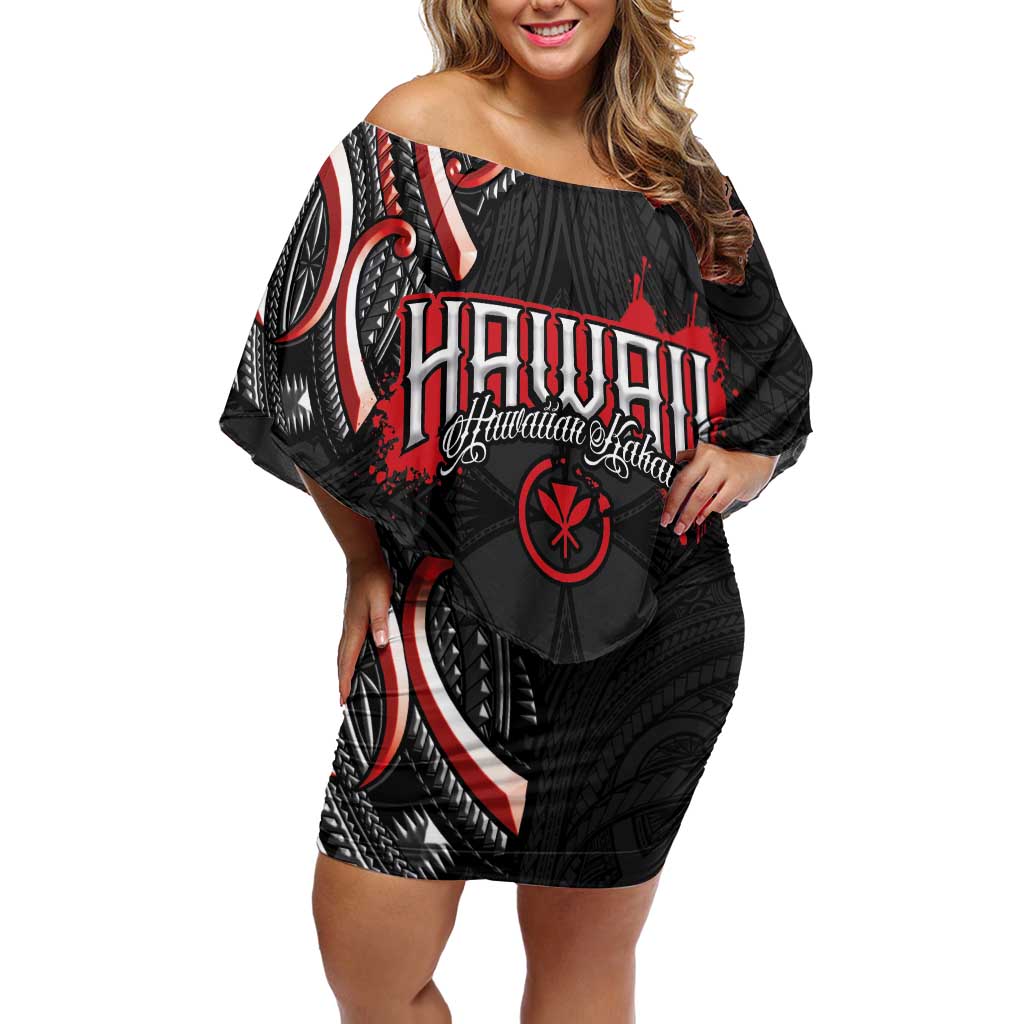 Traditional Art Hawaiian Kakau Tattoos Off Shoulder Short Dress Red Color - Polynesian Pride