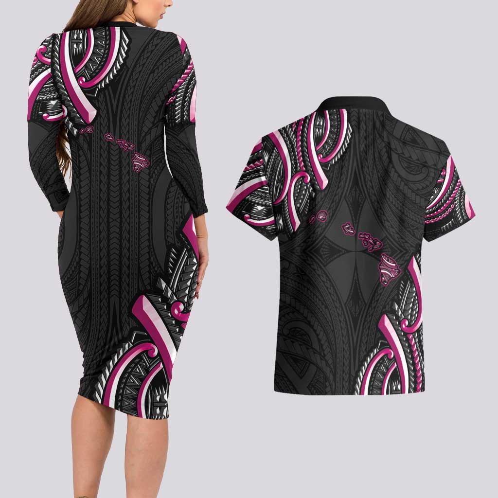Traditional Art Hawaiian Kakau Tattoos Couples Matching Long Sleeve Bodycon Dress and Hawaiian Shirt Pink Color - Polynesian Pride