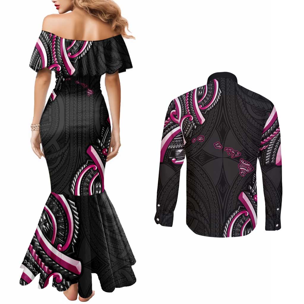Traditional Art Hawaiian Kakau Tattoos Couples Matching Mermaid Dress and Long Sleeve Button Shirt Pink Color - Polynesian Pride