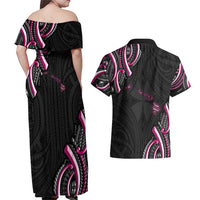 Traditional Art Hawaiian Kakau Tattoos Couples Matching Off Shoulder Maxi Dress and Hawaiian Shirt Pink Color - Polynesian Pride