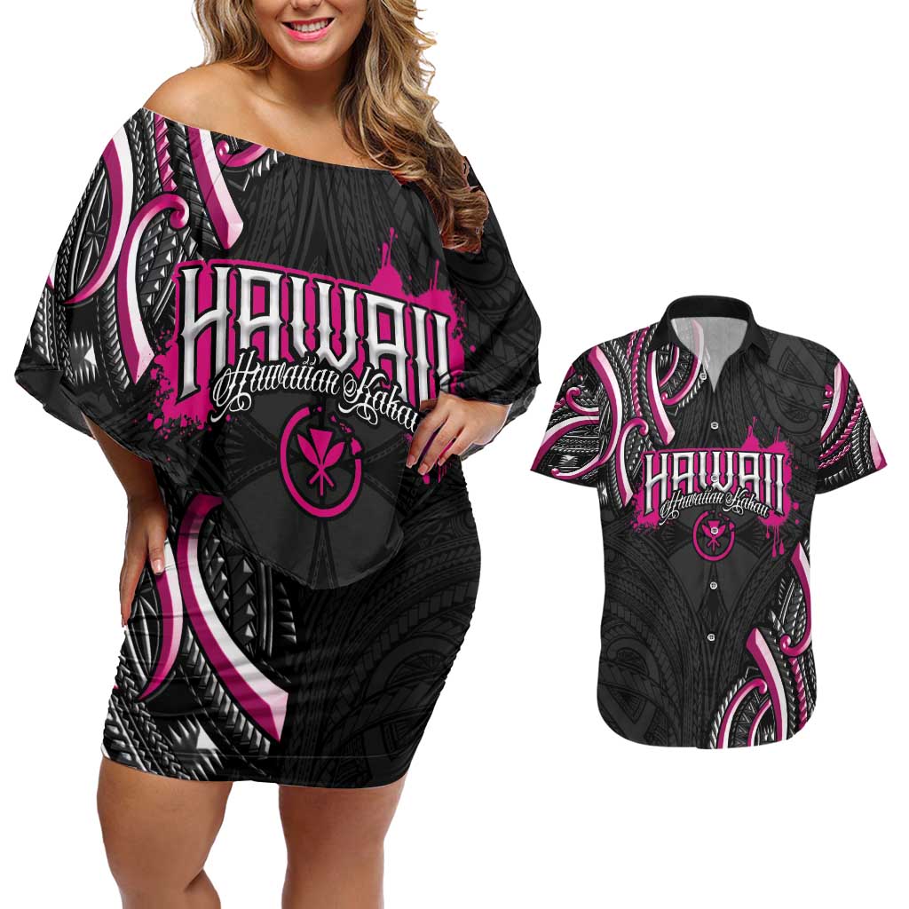 Traditional Art Hawaiian Kakau Tattoos Couples Matching Off Shoulder Short Dress and Hawaiian Shirt Pink Color - Polynesian Pride