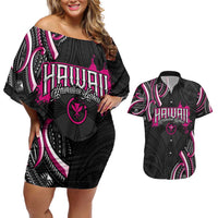 Traditional Art Hawaiian Kakau Tattoos Couples Matching Off Shoulder Short Dress and Hawaiian Shirt Pink Color - Polynesian Pride