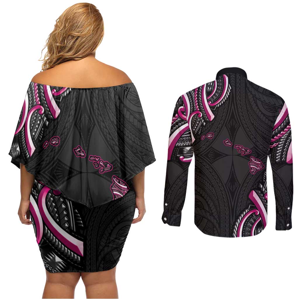 Traditional Art Hawaiian Kakau Tattoos Couples Matching Off Shoulder Short Dress and Long Sleeve Button Shirt Pink Color LT03 - Polynesian Pride