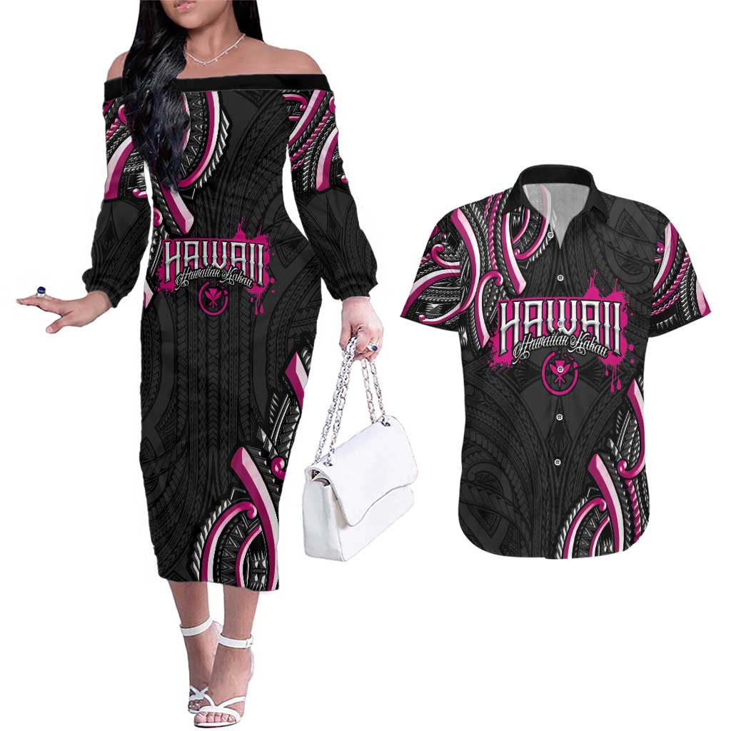 Traditional Art Hawaiian Kakau Tattoos Couples Matching Off The Shoulder Long Sleeve Dress and Hawaiian Shirt Pink Color - Polynesian Pride