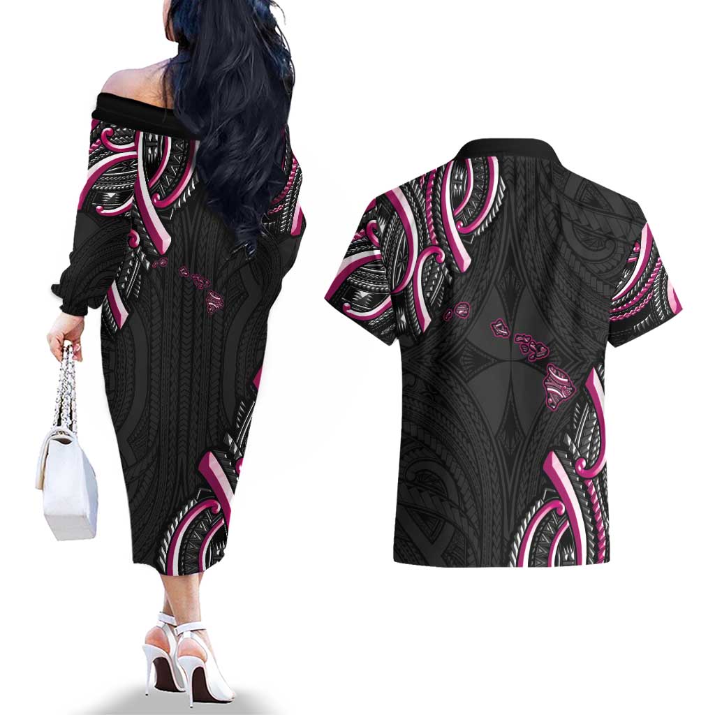 Traditional Art Hawaiian Kakau Tattoos Couples Matching Off The Shoulder Long Sleeve Dress and Hawaiian Shirt Pink Color - Polynesian Pride