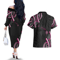 Traditional Art Hawaiian Kakau Tattoos Couples Matching Off The Shoulder Long Sleeve Dress and Hawaiian Shirt Pink Color - Polynesian Pride