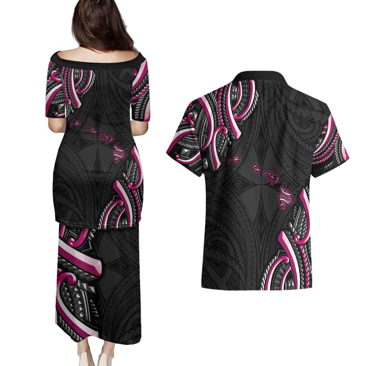 Traditional Art Hawaiian Kakau Tattoos Couples Matching Puletasi and Hawaiian Shirt Pink Color - Polynesian Pride