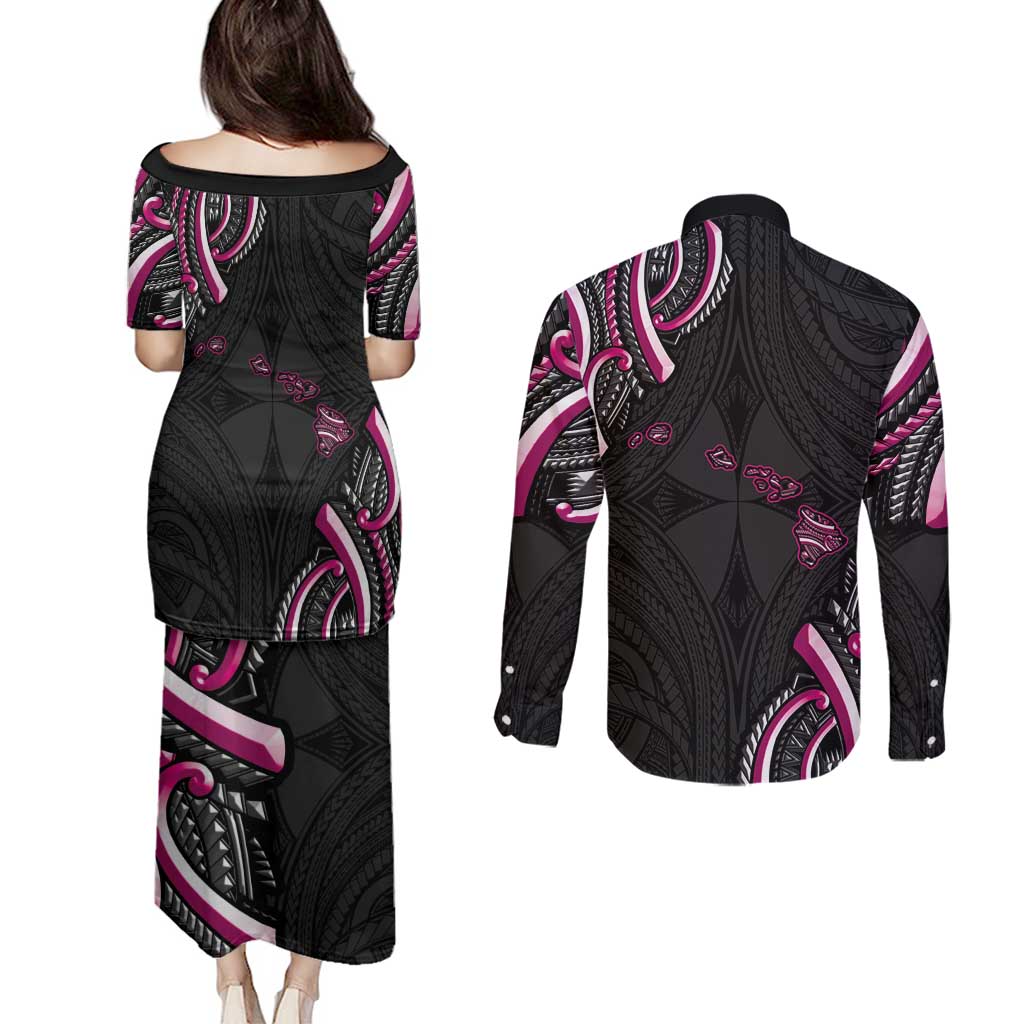 Traditional Art Hawaiian Kakau Tattoos Couples Matching Puletasi and Long Sleeve Button Shirt Pink Color LT03 - Polynesian Pride