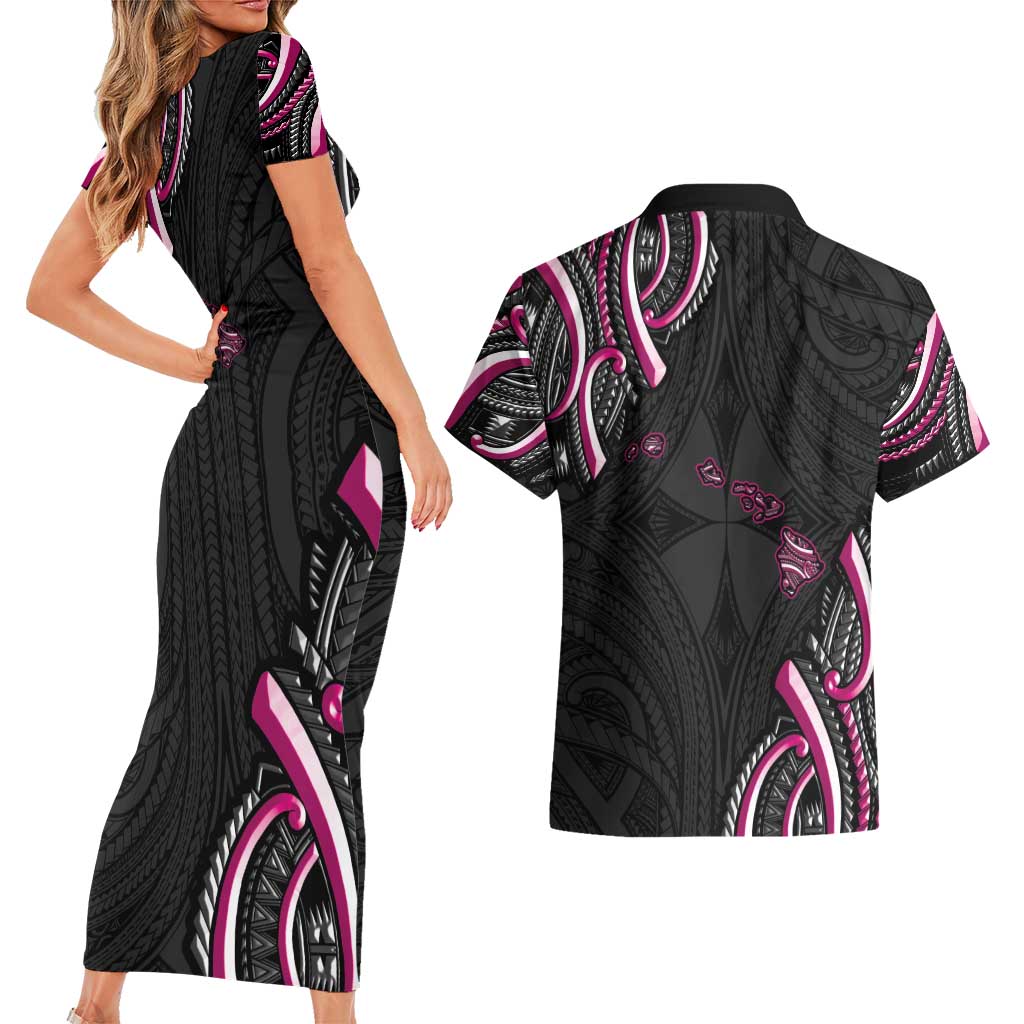 Traditional Art Hawaiian Kakau Tattoos Couples Matching Short Sleeve Bodycon Dress and Hawaiian Shirt Pink Color - Polynesian Pride