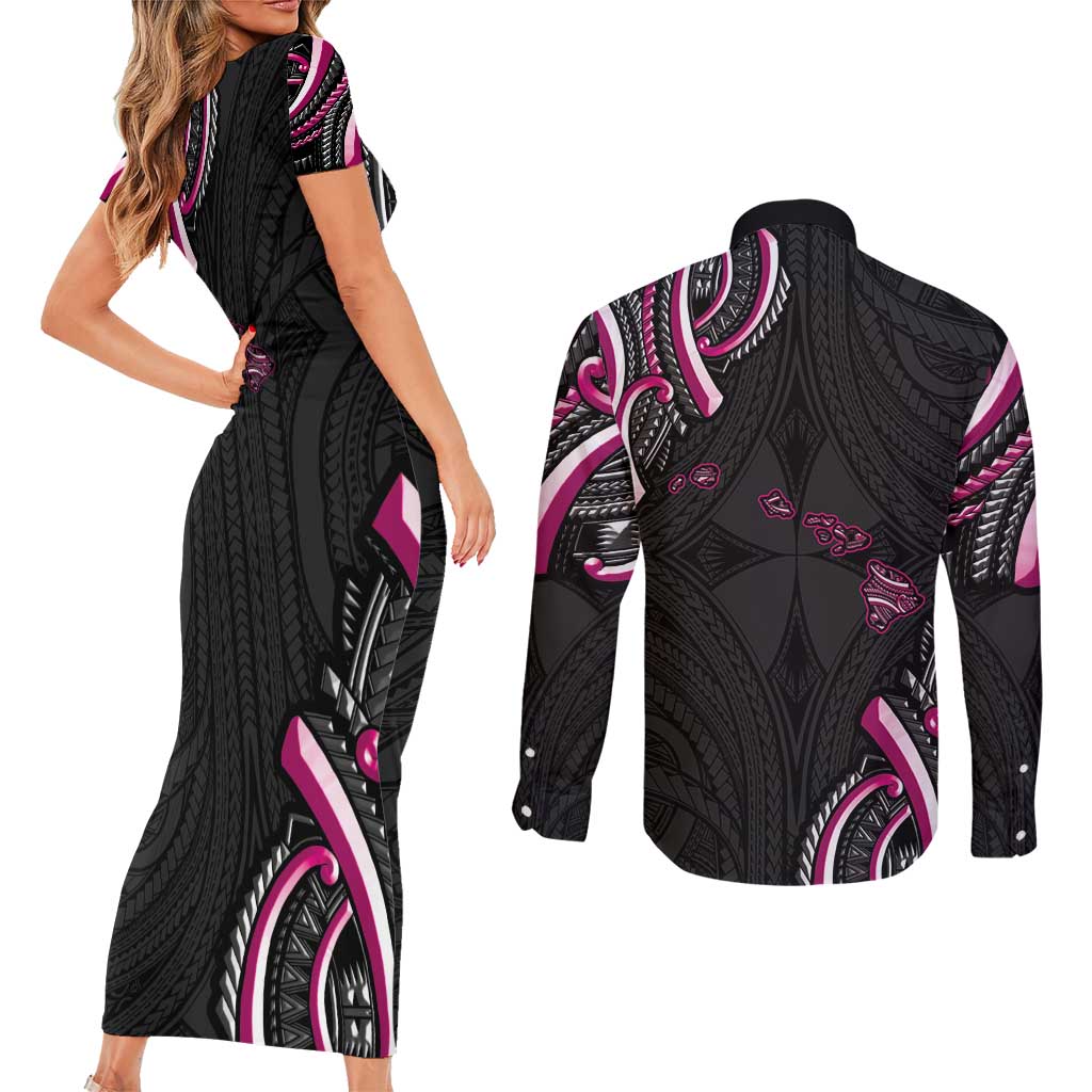 Traditional Art Hawaiian Kakau Tattoos Couples Matching Short Sleeve Bodycon Dress and Long Sleeve Button Shirt Pink Color - Polynesian Pride