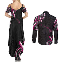 Traditional Art Hawaiian Kakau Tattoos Couples Matching Summer Maxi Dress and Long Sleeve Button Shirt Pink Color LT03 - Polynesian Pride