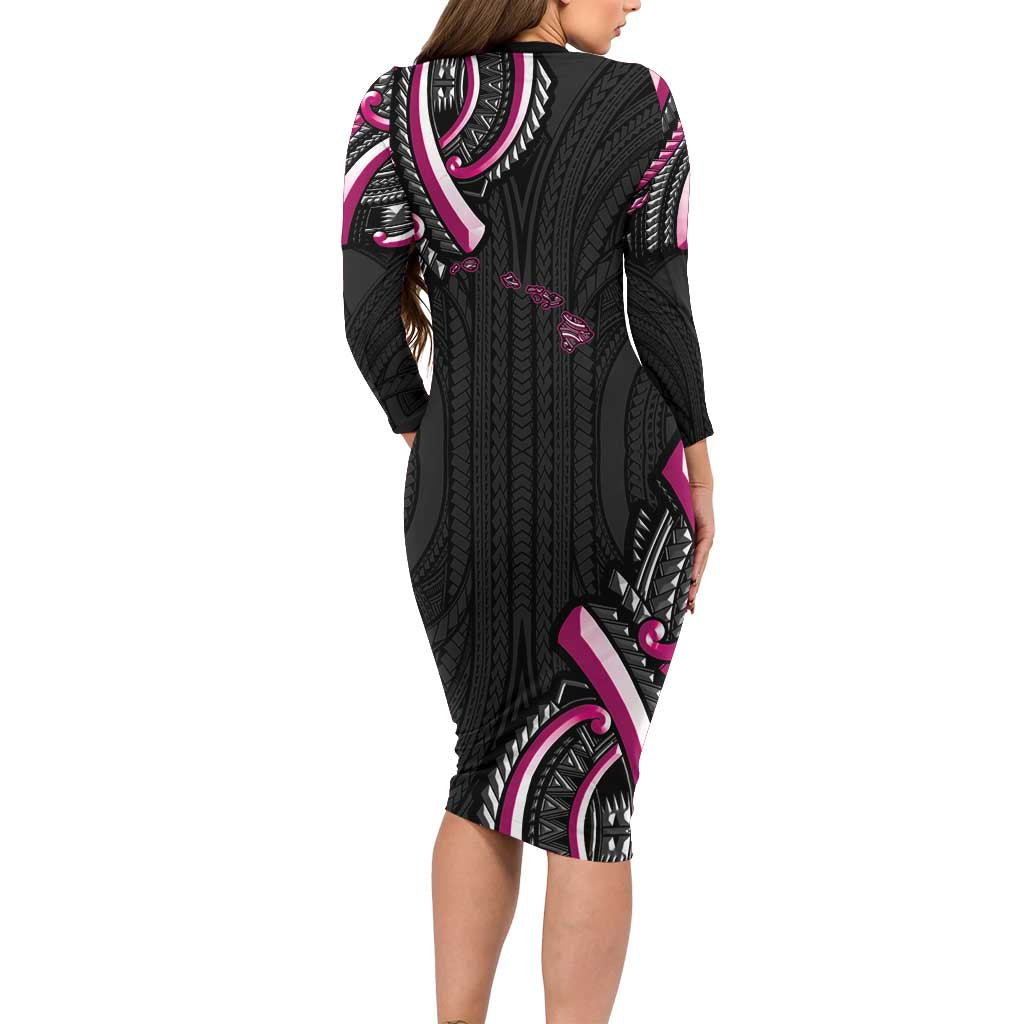 Traditional Art Hawaiian Kakau Tattoos Family Matching Long Sleeve Bodycon Dress and Hawaiian Shirt Pink Color - Polynesian Pride