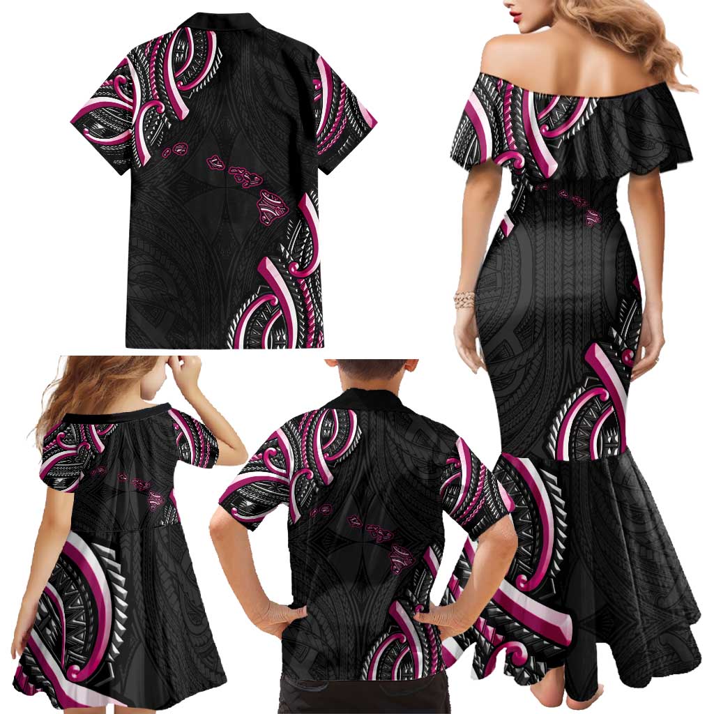 Traditional Art Hawaiian Kakau Tattoos Family Matching Mermaid Dress and Hawaiian Shirt Pink Color - Polynesian Pride