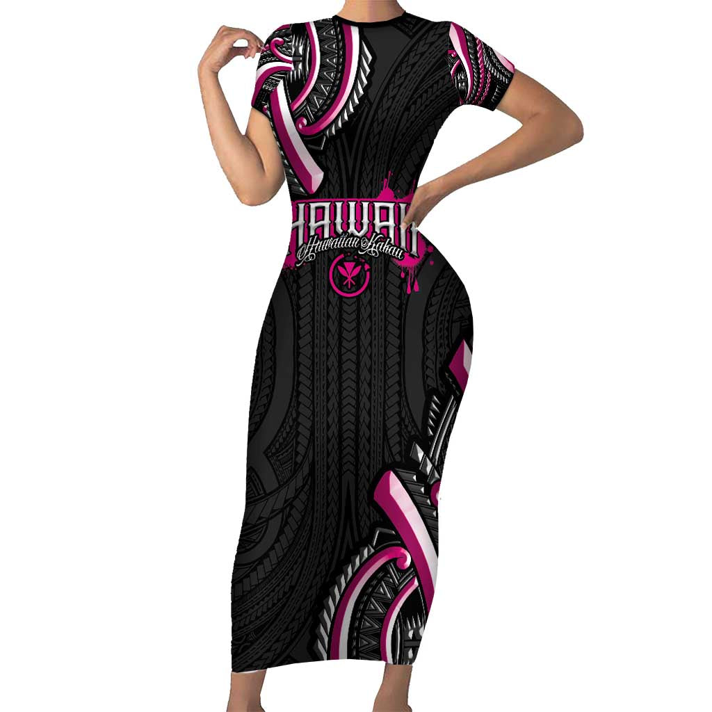 Traditional Art Hawaiian Kakau Tattoos Family Matching Short Sleeve Bodycon Dress and Hawaiian Shirt Pink Color - Polynesian Pride