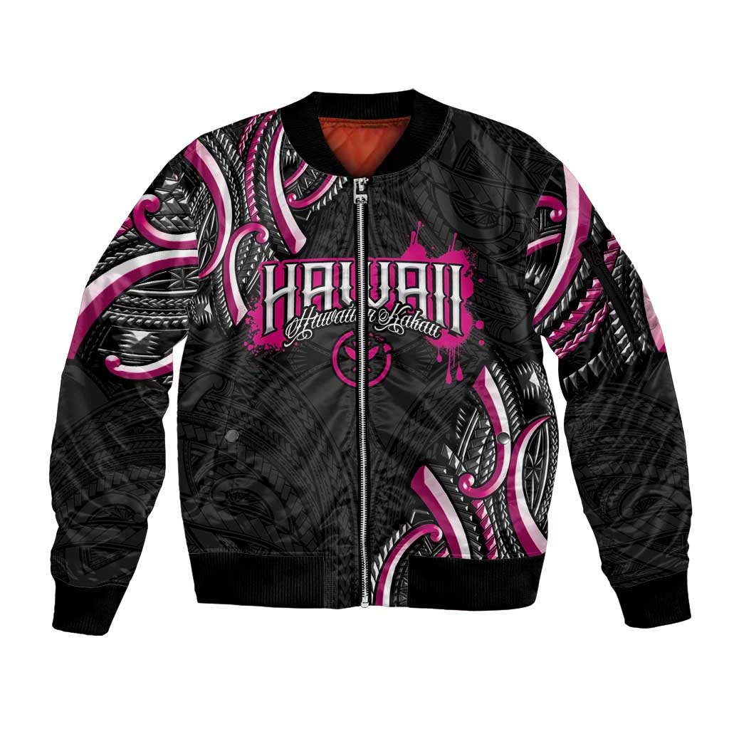 Traditional Art Hawaiian Kakau Tattoos Sleeve Zip Bomber Jacket Pink Color - Polynesian Pride