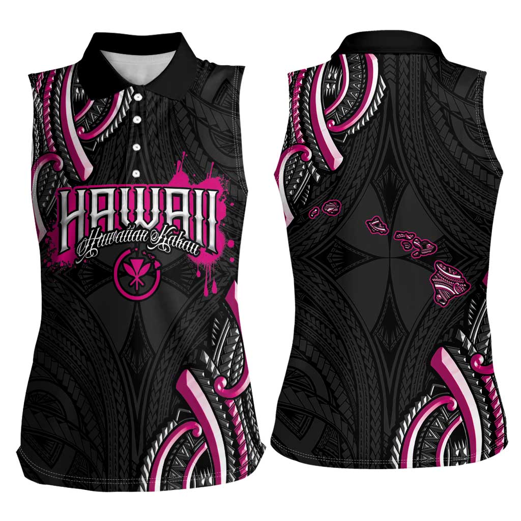 Traditional Art Hawaiian Kakau Tattoos Women Sleeveless Polo Shirt Pink Color - Polynesian Pride