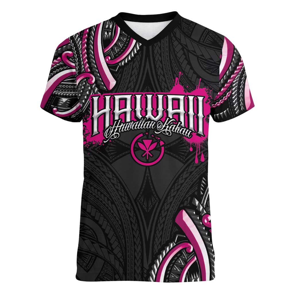 Traditional Art Hawaiian Kakau Tattoos Women V-Neck T-Shirt Pink Color - Polynesian Pride