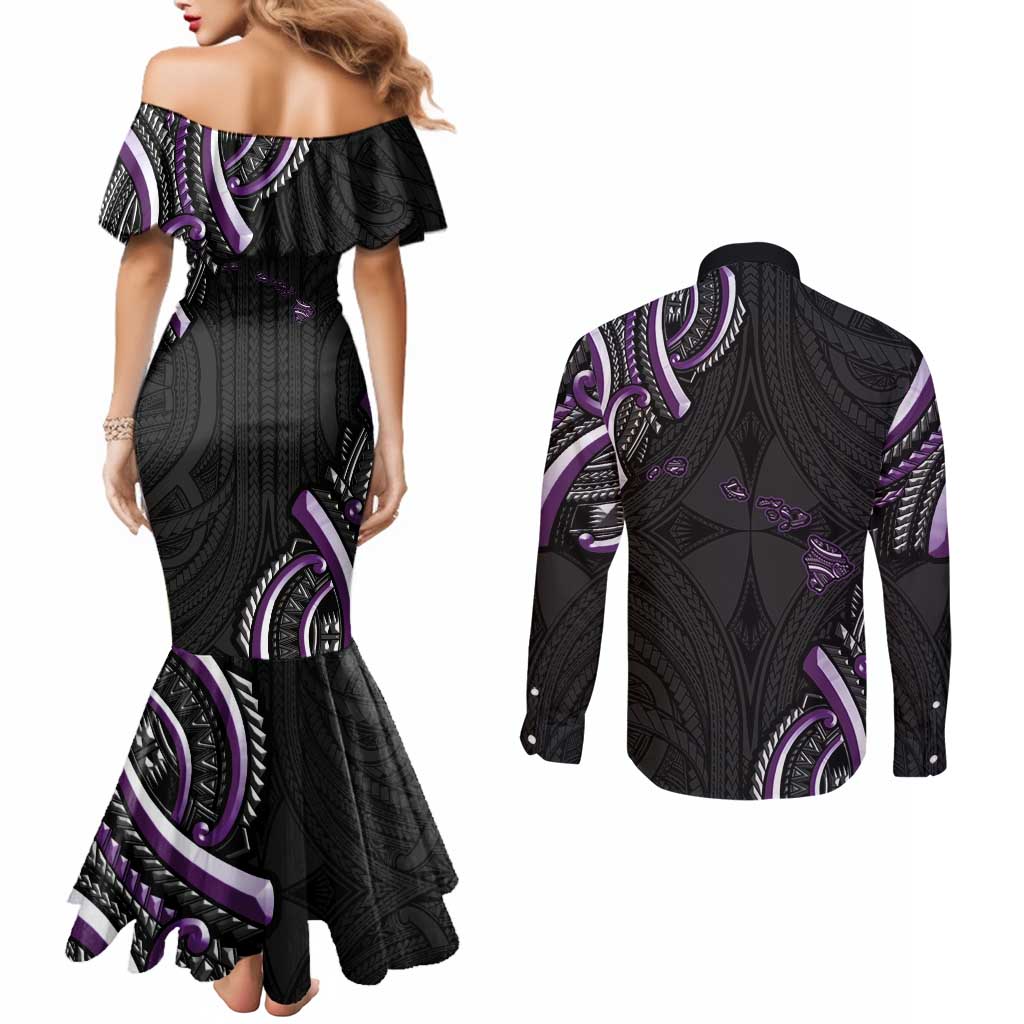 Traditional Art Hawaiian Kakau Tattoos Couples Matching Mermaid Dress and Long Sleeve Button Shirt Purple Color - Polynesian Pride