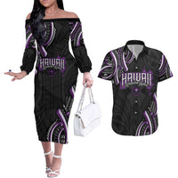 Traditional Art Hawaiian Kakau Tattoos Couples Matching Off The Shoulder Long Sleeve Dress and Hawaiian Shirt Purple Color - Polynesian Pride