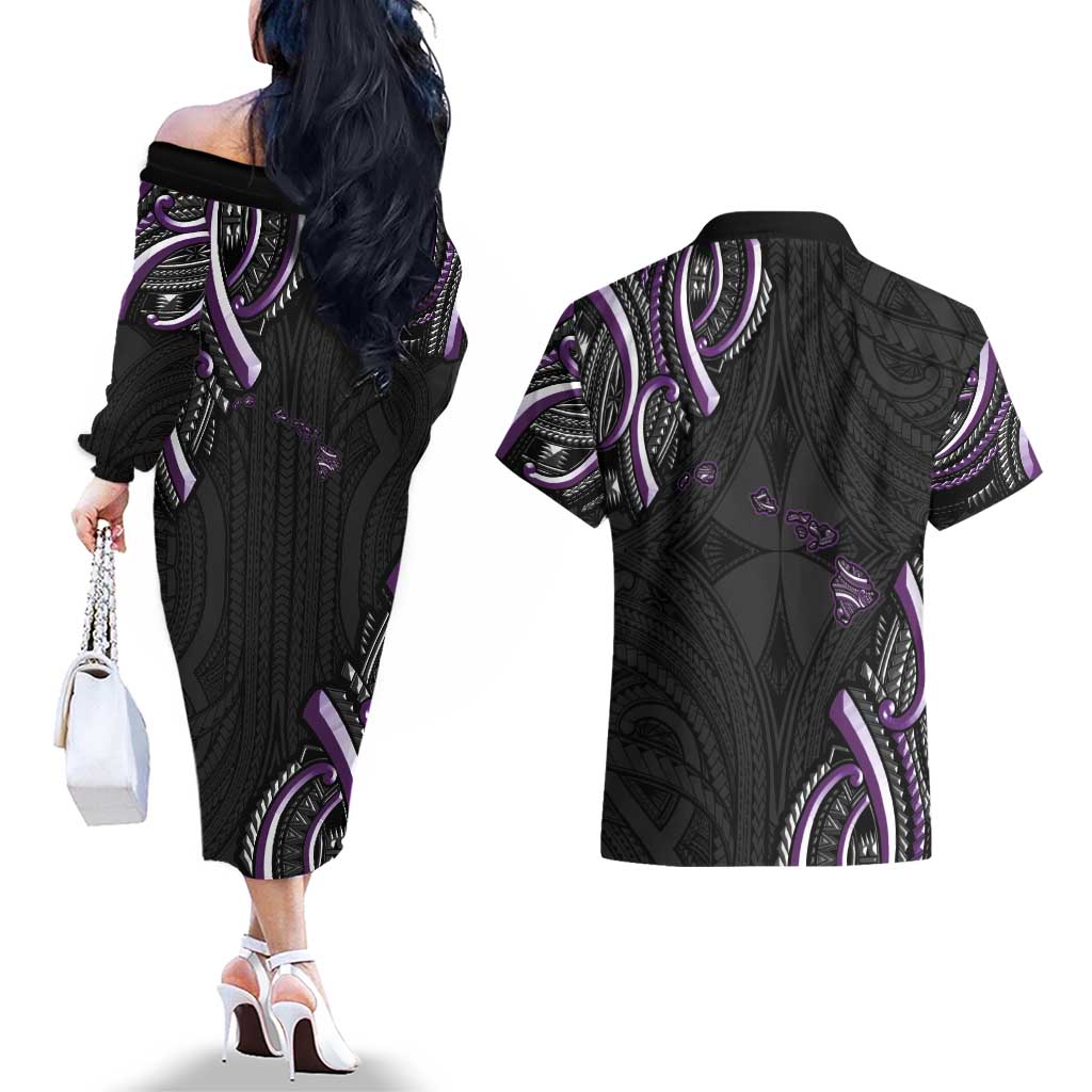 Traditional Art Hawaiian Kakau Tattoos Couples Matching Off The Shoulder Long Sleeve Dress and Hawaiian Shirt Purple Color - Polynesian Pride