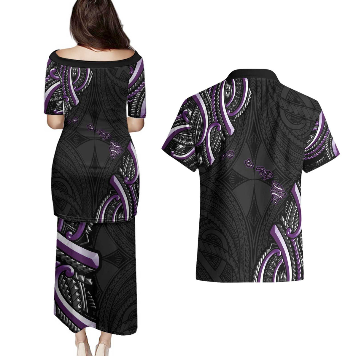 Traditional Art Hawaiian Kakau Tattoos Couples Matching Puletasi and Hawaiian Shirt Purple Color - Polynesian Pride